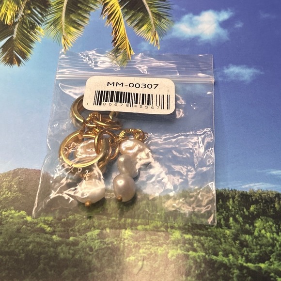 Myamar 24K Plated Huggie Hoops Earrings Pearl Drops Dangle Chain Accents - Picture 3 of 3